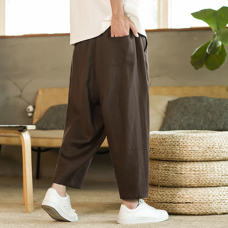 Buddha Stones Casual Retro Solid Color Simple Design Drawstring Men's Linen Elastic Waistband Harem Pants With Pockets