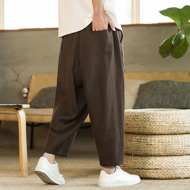 Buddha Stones Casual Retro Solid Color Simple Design Drawstring Men's Linen Elastic Waistband Harem Pants With Pockets
