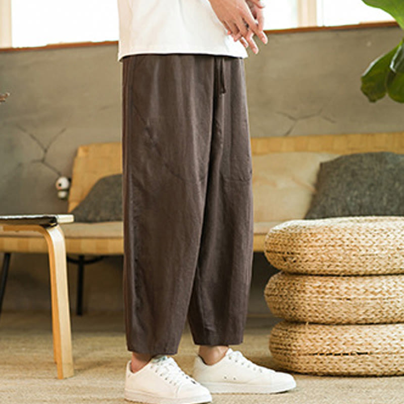 Buddha Stones Casual Retro Solid Color Simple Design Drawstring Men's Linen Elastic Waistband Harem Pants With Pockets