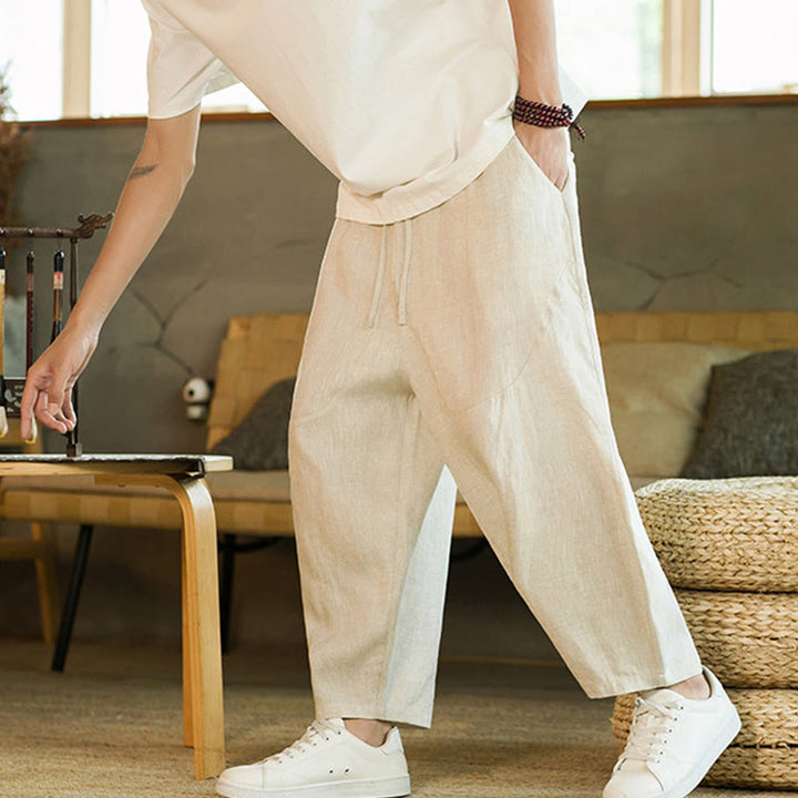 Buddha Stones Casual Retro Solid Color Simple Design Drawstring Men's Linen Elastic Waistband Harem Pants With Pockets