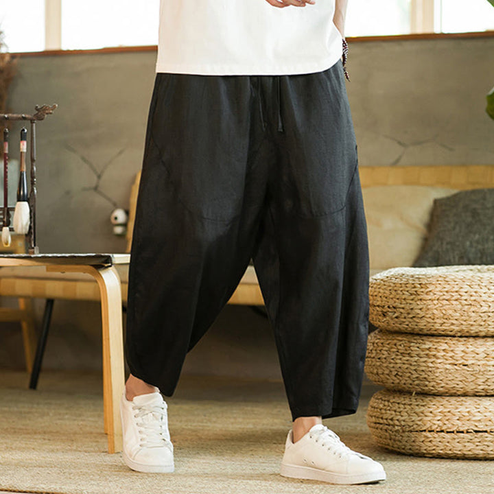 Buddha Stones Casual Retro Solid Color Simple Design Drawstring Men's Linen Elastic Waistband Harem Pants With Pockets