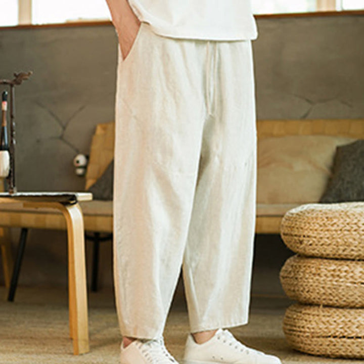 Buddha Stones Casual Retro Solid Color Simple Design Drawstring Men's Linen Elastic Waistband Harem Pants With Pockets