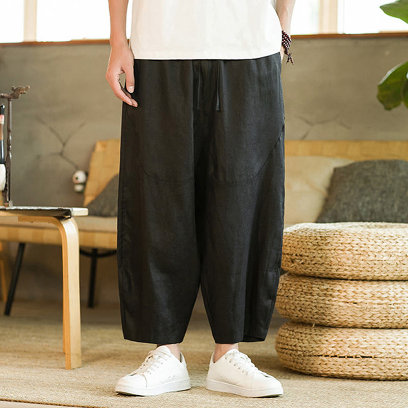 Buddha Stones Casual Retro Solid Color Simple Design Drawstring Men's Linen Elastic Waistband Harem Pants With Pockets