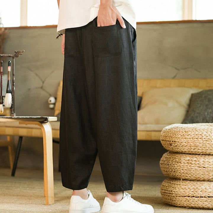 Buddha Stones Casual Retro Solid Color Simple Design Drawstring Men's Linen Elastic Waistband Harem Pants With Pockets