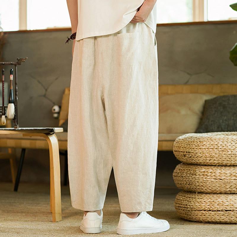 Buddha Stones Casual Retro Solid Color Simple Design Drawstring Men's Linen Elastic Waistband Harem Pants With Pockets