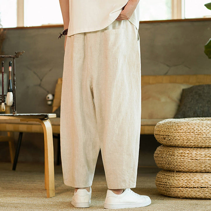 Buddha Stones Casual Retro Solid Color Simple Design Drawstring Men's Linen Elastic Waistband Harem Pants With Pockets