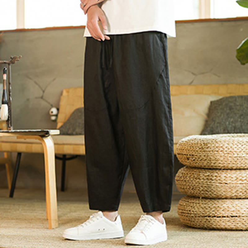 Buddha Stones Casual Retro Solid Color Simple Design Drawstring Men's Linen Elastic Waistband Harem Pants With Pockets