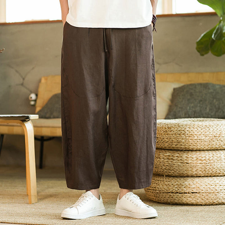 Buddha Stones Casual Retro Solid Color Simple Design Drawstring Men's Elastic Waistband Harem Pants With Pockets - image 25