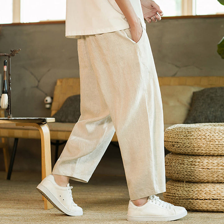 Buddha Stones Casual Retro Solid Color Simple Design Drawstring Men's Linen Elastic Waistband Harem Pants With Pockets