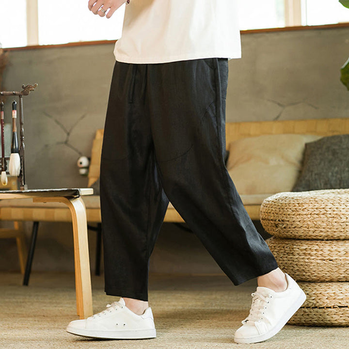 Buddha Stones Casual Retro Solid Color Simple Design Drawstring Men's Linen Elastic Waistband Harem Pants With Pockets