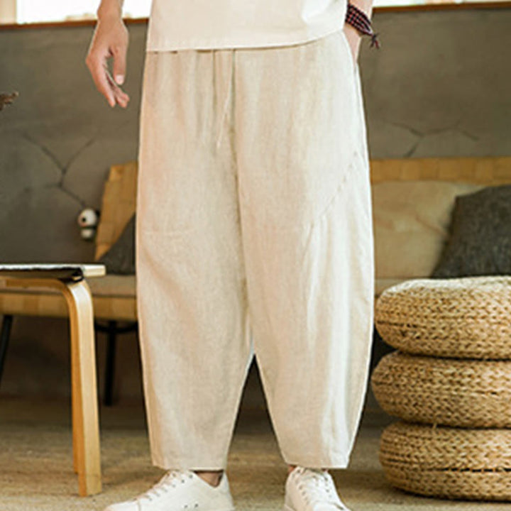 Buddha Stones Casual Retro Solid Color Simple Design Drawstring Men's Linen Elastic Waistband Harem Pants With Pockets