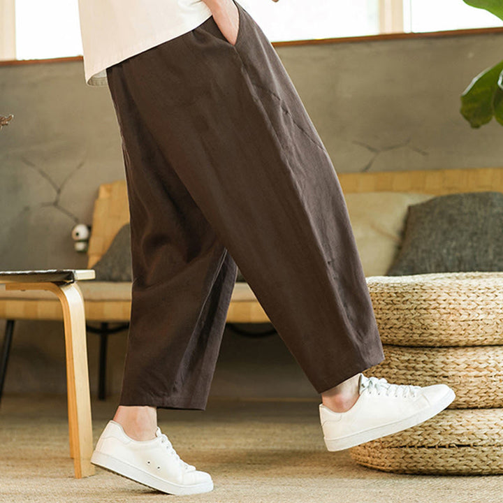 Buddha Stones Casual Retro Solid Color Simple Design Drawstring Men's Linen Elastic Waistband Harem Pants With Pockets