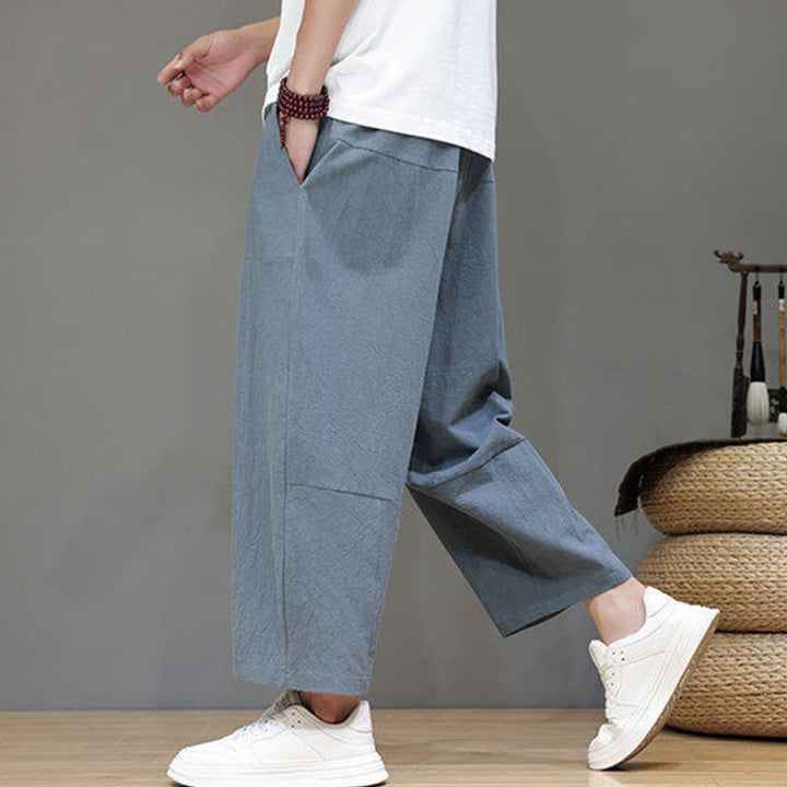 Buddha Stones Casual Plain Low Crotch Design Drawstring Men's Cotton Elastic Waistband Wide Leg Pants With Pockets - image 6