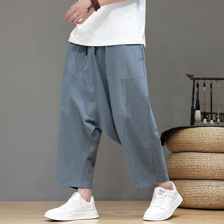 Buddha Stones Casual Plain Low Crotch Design Drawstring Men's Cotton Elastic Waistband Wide Leg Pants With Pockets - image 4