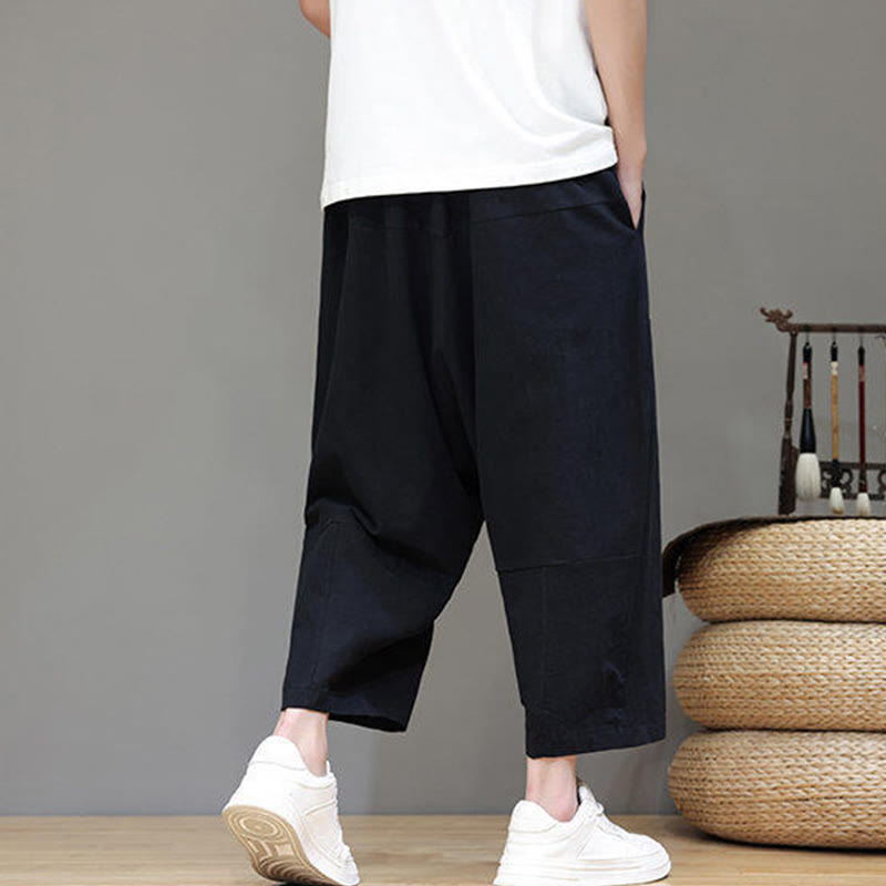 Buddha Stones Casual Plain Low Crotch Design Drawstring Men's Cotton Elastic Waistband Wide Leg Pants With Pockets - image 17