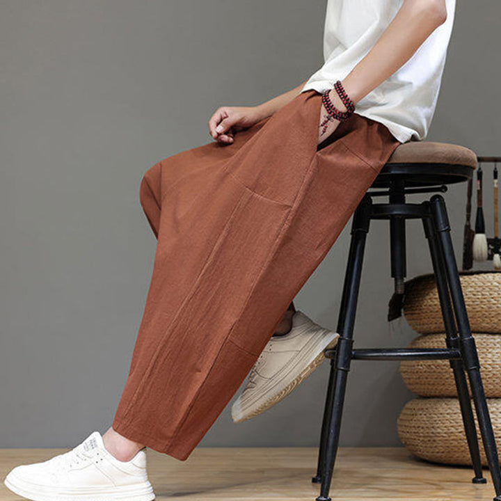 Buddha Stones Casual Plain Low Crotch Design Drawstring Men's Cotton Elastic Waistband Wide Leg Pants With Pockets - image 29