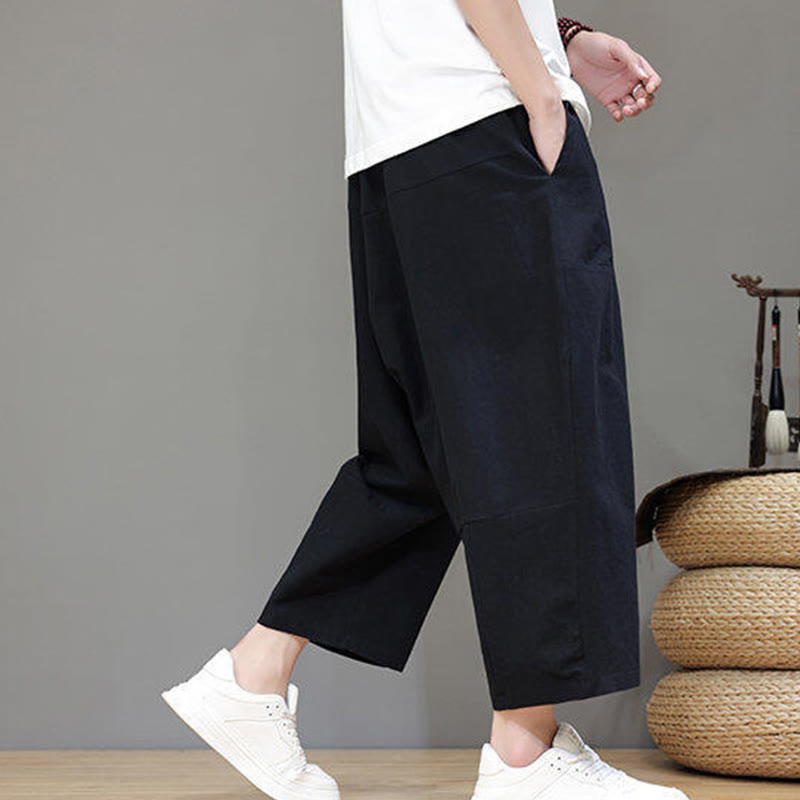 Buddha Stones Casual Plain Low Crotch Design Drawstring Men's Cotton Elastic Waistband Wide Leg Pants With Pockets - image 18