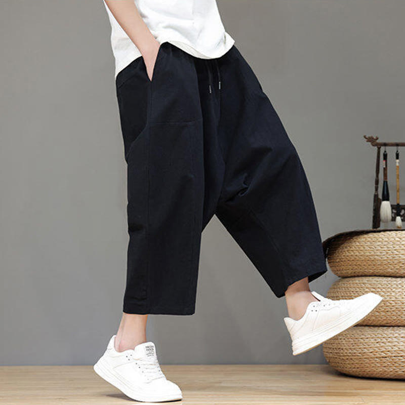 Buddha Stones Casual Plain Low Crotch Design Drawstring Men's Cotton Elastic Waistband Wide Leg Pants With Pockets - image 19