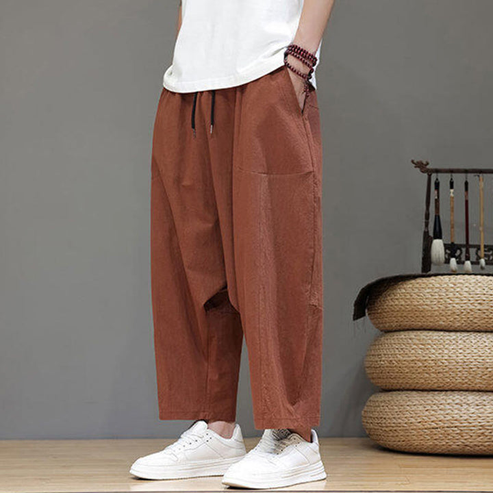 Buddha Stones Casual Plain Low Crotch Design Drawstring Men's Cotton Elastic Waistband Wide Leg Pants With Pockets - image 27