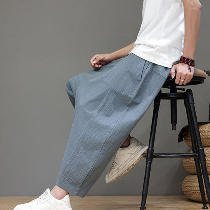 Buddha Stones Casual Plain Low Crotch Design Drawstring Men's Cotton Elastic Waistband Wide Leg Pants With Pockets - image 9
