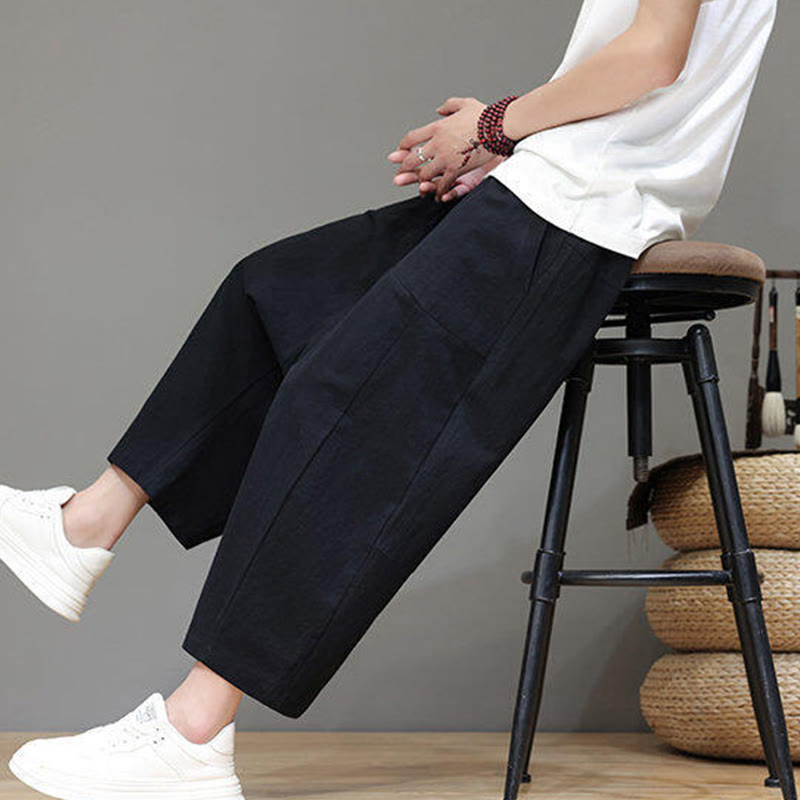 Buddha Stones Casual Plain Low Crotch Design Drawstring Men's Cotton Elastic Waistband Wide Leg Pants With Pockets - image 21