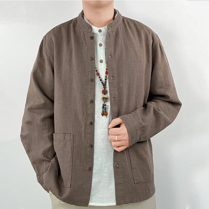 Buddha Stones Casual Solid Color Ramie Linen Cotton Men's Shirt With Pockets - image 9