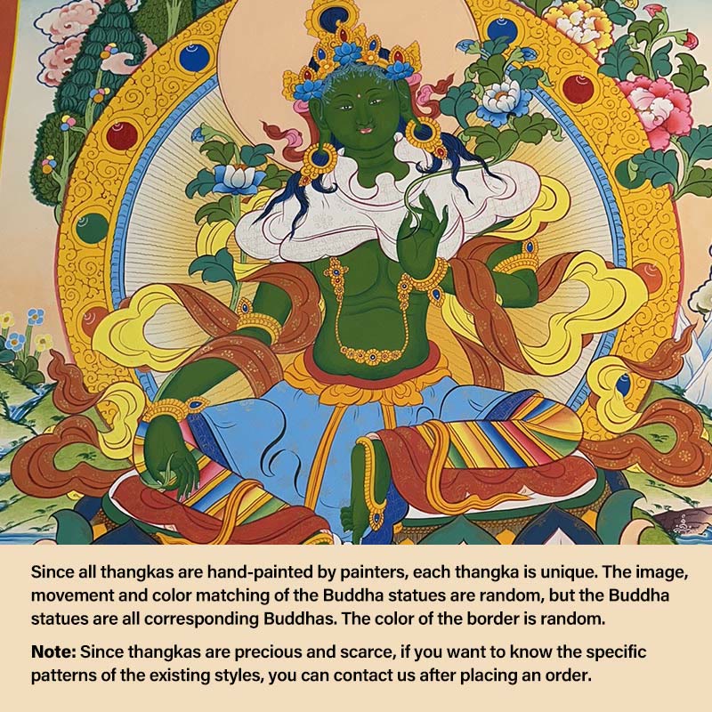 Buddha Stones Tibetan Thangka Painting Yellow God of Wealth Green Tara Avalokitesvara Handmade Decoration Blind Box(Random Style) - 27.56*21.6 in/70*55cm Green Tara(Random Thangka Style，Contact customer service to view available styles) - image 7