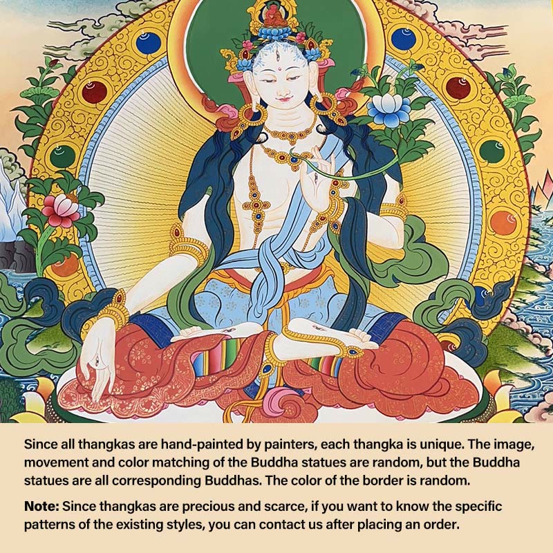 Buddha Stones Tibetan Thangka Painting Yellow God of Wealth Green Tara Avalokitesvara Handmade Decoration Blind Box(Random Style) - 27.56*21.6 in/70*55cm White Tara(Random Thangka Style，Contact customer service to view available styles) - image 11