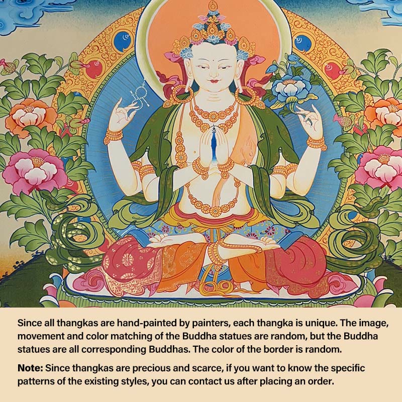 Buddha Stones Tibetan Thangka Painting Yellow God of Wealth Green Tara Avalokitesvara Handmade Decoration Blind Box(Random Style) - 27.56*21.6 in/70*55cm Four-armed Avalokitesvara(Random Thangka Style，Contact customer service to view available styles) - image 13
