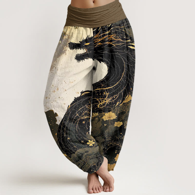 Buddha Stones Casual Dragon Ancient Tree Pattern Women's Elastic Waist Harem Pants - Black - US22，UK/AU26，EU54 (6XL) - image 1