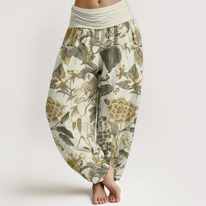 Buddha Stones Pure Cotton Lotus Leaf Peony Pattern Women's Elastic Waist Harem Pants