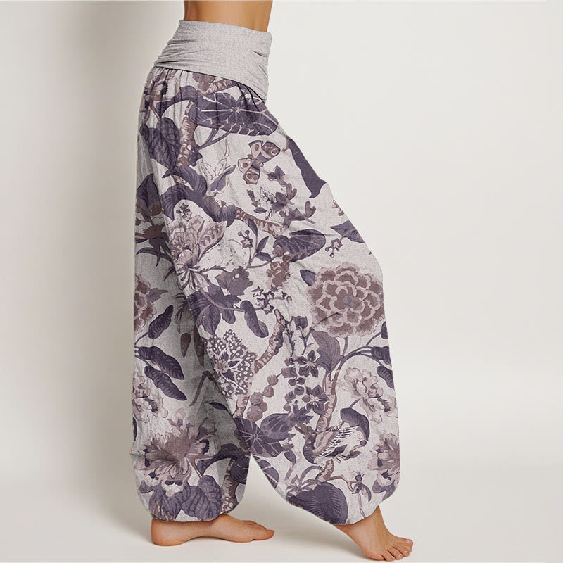 Buddha Stones Pure Cotton Lotus Leaf Peony Pattern Women's Elastic Waist Harem Pants