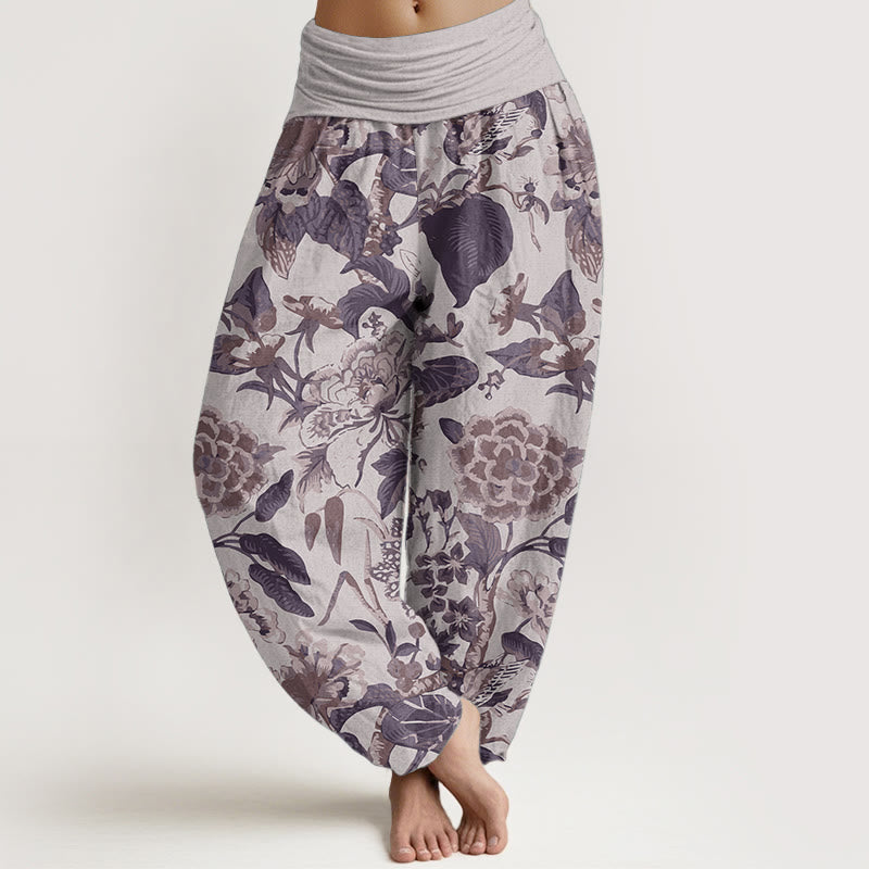 Buddha Stones Pure Cotton Lotus Leaf Peony Pattern Women's Elastic Waist Harem Pants