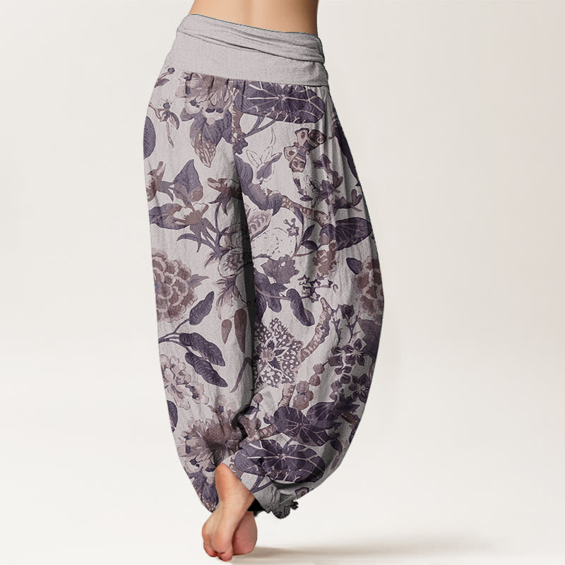 Buddha Stones Pure Cotton Lotus Leaf Peony Pattern Women's Elastic Waist Harem Pants