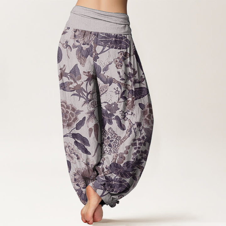 Buddha Stones Pure Cotton Lotus Leaf Peony Pattern Women's Elastic Waist Harem Pants