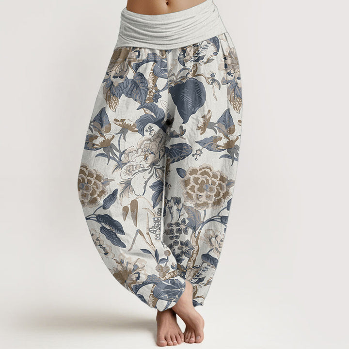 Buddha Stones Pure Cotton Lotus Leaf Peony Pattern Women's Elastic Waist Harem Pants