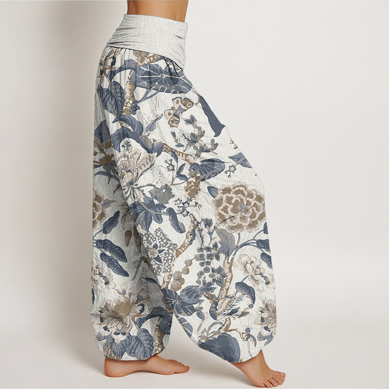 Buddha Stones Pure Cotton Lotus Leaf Peony Pattern Women's Elastic Waist Harem Pants