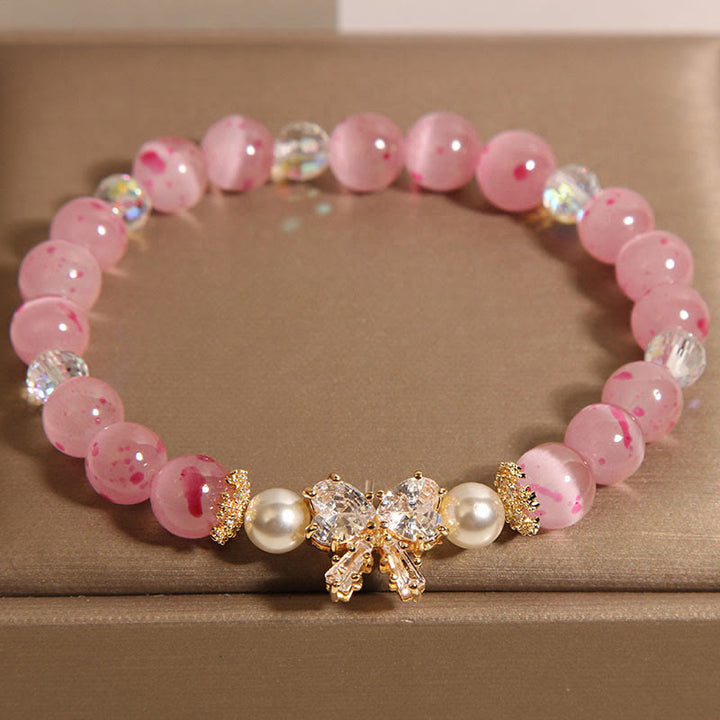 Buddha Stones Cherry Blossom Pink Cat's Eye Pearl Bow-knot Rosette Support Bracelet