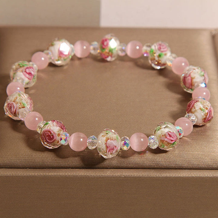 Buddha Stones Pink Crystal Liuli Glass Bead Cat's Eye Warmth Bracelet