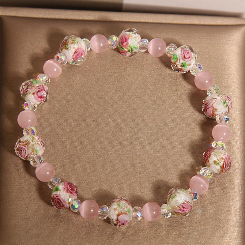 Buddha Stones Pink Crystal Liuli Glass Bead Cat's Eye Warmth Bracelet