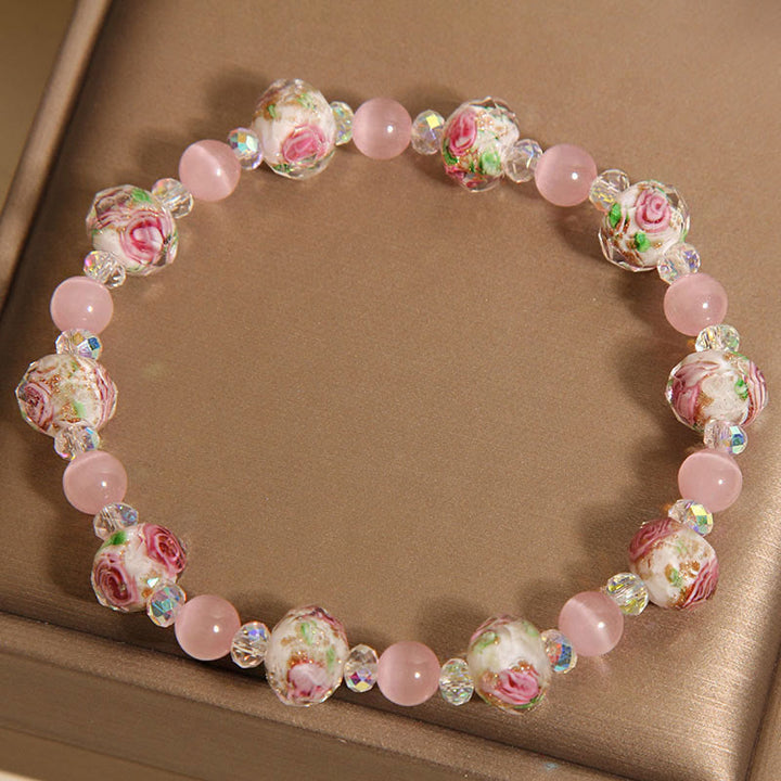 Buddha Stones Pink Crystal Liuli Glass Bead Cat's Eye Warmth Bracelet