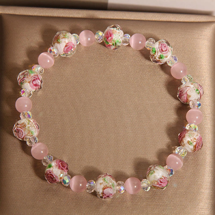Buddha Stones Pink Crystal Liuli Glass Bead Cat's Eye Warmth Bracelet - image 2