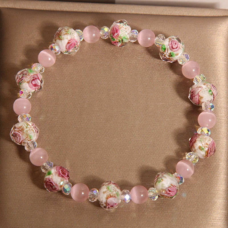 Buddha Stones Pink Crystal Liuli Glass Bead Cat's Eye Warmth Bracelet