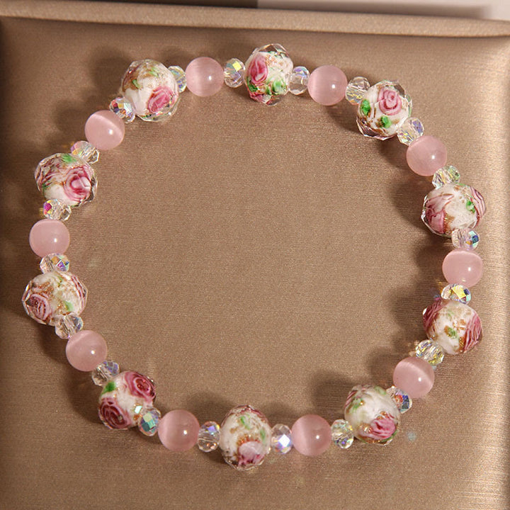Buddha Stones Pink Crystal Liuli Glass Bead Cat's Eye Warmth Bracelet