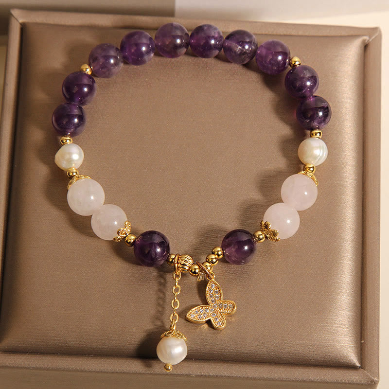 Buddha Stones Natural Amethyst Pearl Crystal Spiritual Healing Butterfly Charm Bracelet