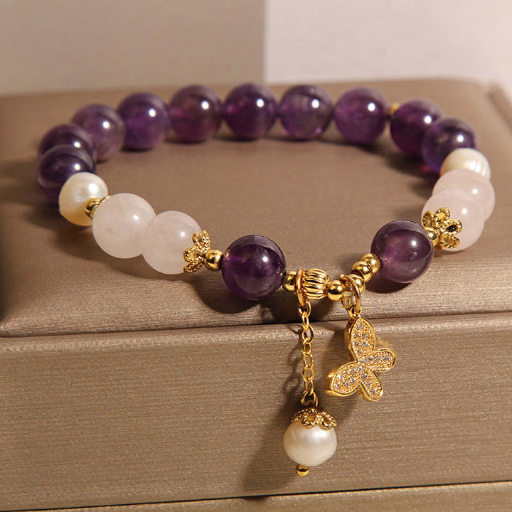 Buddha Stones Natural Amethyst Pearl Crystal Spiritual Healing Butterfly Charm Bracelet