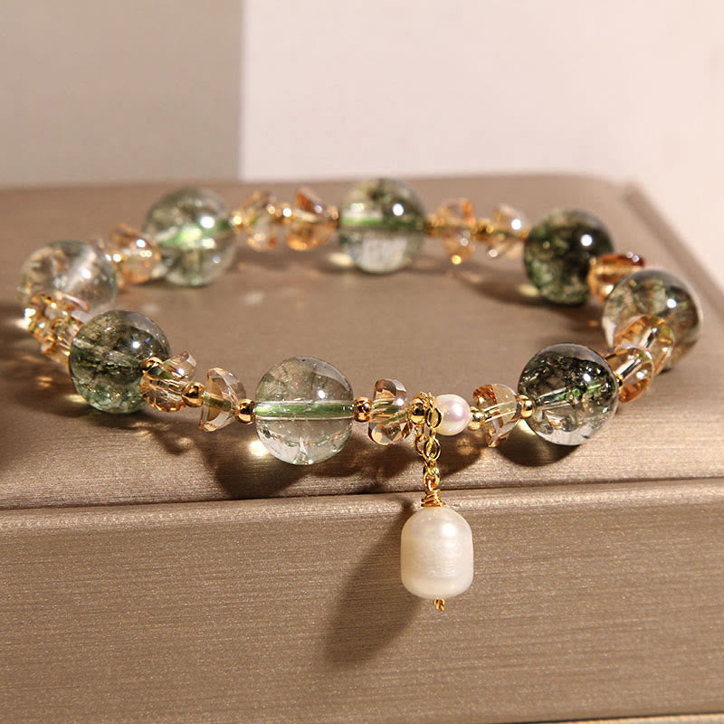 Buddha Stones Natural Green Phantom Pearl Gravel Crystal Stone Confidence Bracelet