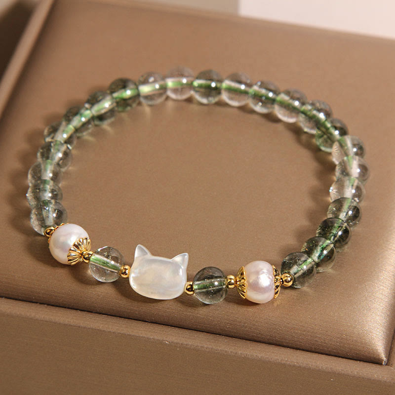 Buddha Stones Natural Green Phantom Pearl Shell Cat Head Lucky Bracelet - Green Phantom(Wrist Circumference 14-16cm) - image 1