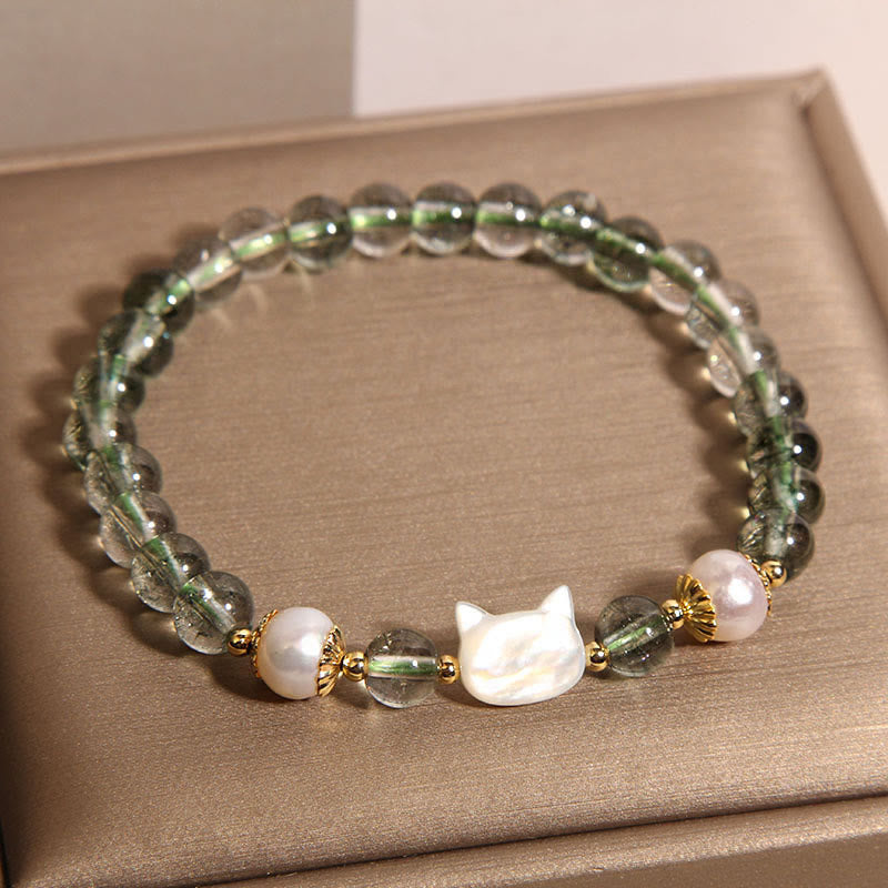 Buddha Stones Natural Green Phantom Pearl Shell Cat Head Lucky Bracelet - image 2