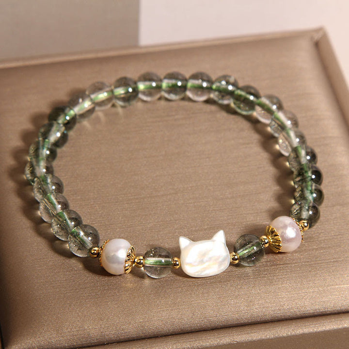 Buddha Stones Natural Green Phantom Pearl Shell Cat Head Lucky Bracelet - image 2